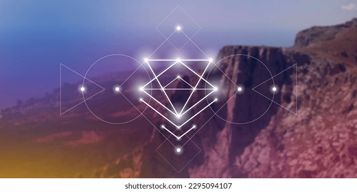 Sacred geometry spiritual new age futuristic illustration with transmutation interlocking circles, triangles and glowing particles