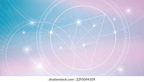 Sacred geometry spiritual new age futuristic illustration with transmutation interlocking circles, triangles and glowing particles