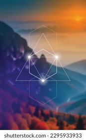 Sacred geometry spiritual new age futuristic illustration with transmutation interlocking circles, triangles and glowing particles