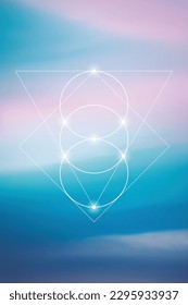 Sacred geometry spiritual new age futuristic illustration with transmutation interlocking circles, triangles and glowing particles