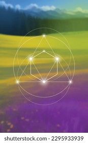 Sacred geometry spiritual new age futuristic illustration with transmutation interlocking circles, triangles and glowing particles