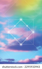 Sacred geometry spiritual new age futuristic illustration with transmutation interlocking circles, triangles and glowing particles