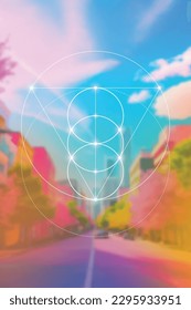 Sacred geometry spiritual new age futuristic illustration with transmutation interlocking circles, triangles and glowing particles
