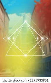 Sacred geometry spiritual new age futuristic illustration with transmutation interlocking circles, triangles and glowing particles