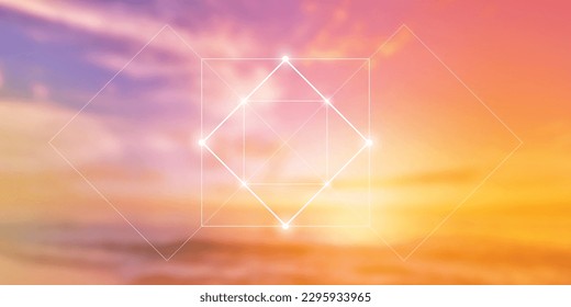 Sacred geometry spiritual new age futuristic illustration with transmutation interlocking circles, triangles and glowing particles