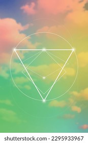 Sacred geometry spiritual new age futuristic illustration with transmutation interlocking circles, triangles and glowing particles
