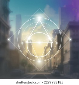 Sacred geometry spiritual new age futuristic illustration with transmutation interlocking circles, triangles and glowing particles