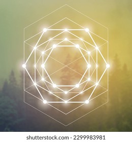 Sacred geometry spiritual new age futuristic illustration with transmutation interlocking circles, triangles and glowing particles