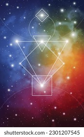 Sacred geometry spiritual new age futuristic illustration with transmutation interlocking circles, triangles and glowing particles in front of cosmic background