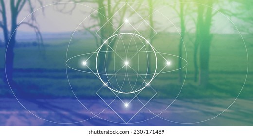 Sacred geometry spiritual new age futuristic illustration with transmutation interlocking circles, triangles and glowing particles