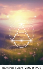 Sacred geometry spiritual new age futuristic illustration with transmutation interlocking circles, triangles and glowing particles