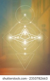 Sacred geometry spiritual new age futuristic illustration with transmutation interlocking circles, triangles and glowing particles