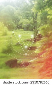 Sacred geometry spiritual new age futuristic illustration with transmutation interlocking circles, triangles and glowing particles
