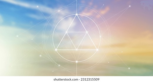 Sacred geometry spiritual new age futuristic illustration with interlocking circles, triangles and glowing particles. Formula of nature.