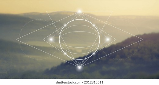 Sacred geometry spiritual new age futuristic illustration with interlocking circles, triangles and glowing particles. Formula of nature.