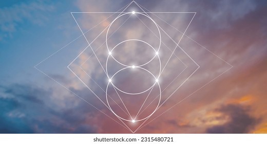 Sacred geometry spiritual new age futuristic illustration with transmutation interlocking circles, triangles and glowing particles on clouds. Formula of nature. Science and spirituality concept.