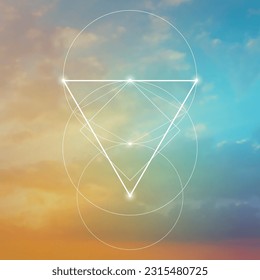 Geometría sagrada nueva era espiritual ilustración futurista con círculos interbloqueantes de transmutación, triángulos y partículas brillantes en las nubes. Fórmula de la naturaleza. Concepto de ciencia y espiritualidad.