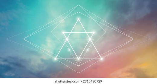Sacred geometry spiritual new age futuristic illustration with transmutation interlocking circles, triangles and glowing particles on clouds. Formula of nature. Science and spirituality concept.