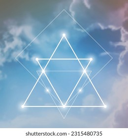 Sacred geometry spiritual new age futuristic illustration with transmutation interlocking circles, triangles and glowing particles on clouds. Formula of nature. Science and spirituality concept.