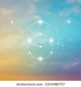 Sacred geometry spiritual new age futuristic illustration with transmutation interlocking circles, triangles and glowing particles on clouds. Formula of nature. Science and spirituality concept.