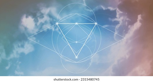 Geometría sagrada nueva era espiritual ilustración futurista con círculos interbloqueantes de transmutación, triángulos y partículas brillantes en las nubes. Fórmula de la naturaleza. Concepto de ciencia y espiritualidad.