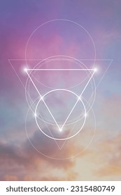 Sacred geometry spiritual new age futuristic illustration with transmutation interlocking circles, triangles and glowing particles on clouds. Formula of nature. Science and spirituality concept.