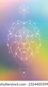 Sacred geometry spiritual new age futuristic illustration with lion head inside of triangle, flower of life, interlocking circles, triangles and glowing particles on gradient background.