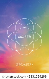 Sacred geometry spiritual new age futuristic illustration with transmutation interlocking circles, triangles and glowing particles. Formula of nature. Science and spirituality concept.