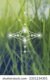 Sacred geometry spiritual new age futuristic illustration with transmutation interlocking circles, triangles and glowing particles. Formula of nature. Science and spirituality concept.