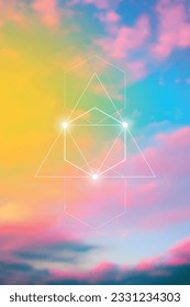 Sacred geometry spiritual new age futuristic illustration with transmutation interlocking circles, triangles and glowing particles. Formula of nature. Science and spirituality concept.