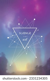 Sacred geometry spiritual new age futuristic illustration with transmutation interlocking circles, triangles and glowing particles. Formula of nature. Science and spirituality concept.