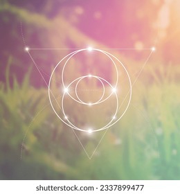 Sacred geometry spiritual new age futuristic illustration with transmutation interlocking circles, triangles and glowing particles