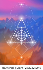 Sacred geometry spiritual new age futuristic illustration with transmutation interlocking circles, triangles and glowing particles
