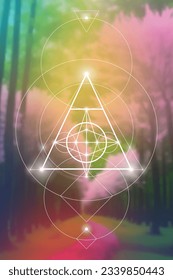 Sacred geometry spiritual new age futuristic illustration with transmutation interlocking circles, triangles and glowing particles