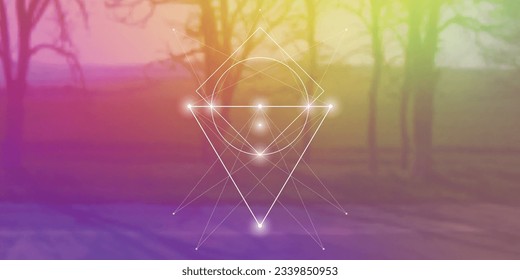 Sacred geometry spiritual new age futuristic illustration with transmutation interlocking circles, triangles and glowing particles