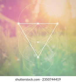 Sacred geometry spiritual new age futuristic illustration with transmutation interlocking circles, triangles and glowing particles