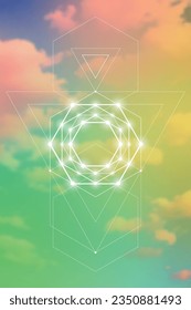 Sacred geometry spiritual new age futuristic illustration with transmutation interlocking circles, triangles and glowing particles