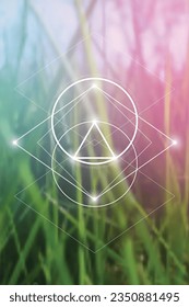 Sacred geometry spiritual new age futuristic illustration with transmutation interlocking circles, triangles and glowing particles