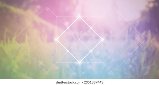 Sacred geometry spiritual new age futuristic illustration with transmutation interlocking circles, triangles and glowing particles