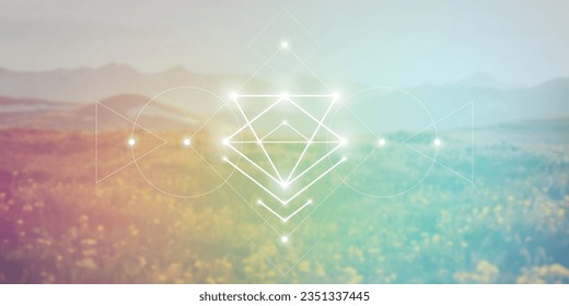 Sacred geometry spiritual new age futuristic illustration with transmutation interlocking circles, triangles and glowing particles