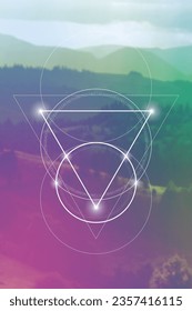 Sacred geometry spiritual new age futuristic illustration with transmutation interlocking circles, triangles and glowing particles. Formula of nature. Science and spirituality concept.