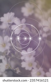 Sacred geometry spiritual new age futuristic illustration with transmutation interlocking circles, triangles and glowing particles. Formula of nature. Science and spirituality concept.