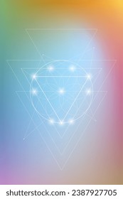 Sacred geometry spiritual new age futuristic illustration with transmutation interlocking circles, triangles and glowing particles