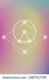 Sacred geometry spiritual new age futuristic illustration with transmutation interlocking circles, triangles and glowing particles