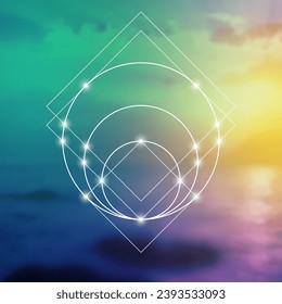 Sacred geometry spiritual new age futuristic illustration with transmutation interlocking circles, triangles and glowing particles