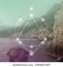 Sacred geometry spiritual new age futuristic illustration with transmutation interlocking circles, triangles and glowing particles