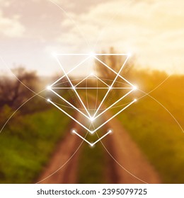 Sacred geometry spiritual new age futuristic illustration with transmutation interlocking circles, triangles and glowing particles