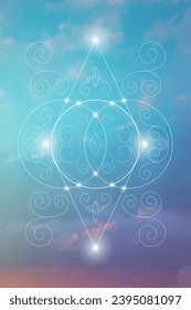 Sacred geometry spiritual new age futuristic illustration with transmutation interlocking circles, triangles and glowing particles