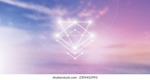 Sacred geometry spiritual new age futuristic illustration with transmutation interlocking circles, triangles and glowing particles