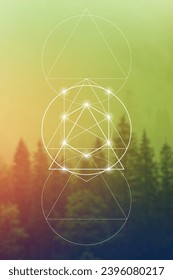 Sacred geometry spiritual new age futuristic illustration with transmutation interlocking circles, triangles and glowing particles